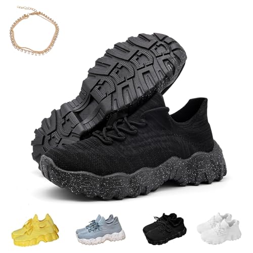 LEVDRO 2024 Summer Lace Up Low Top Slip On Sneakers, Lightweight Mesh Running Shoes, Women's Comfortable Breathable Knitted Sneakers (Black,40)