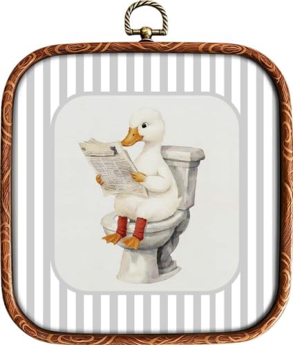 XiZoDinia Funny Duck Bathroom Wall Art, Cute Duck Reading Newspaper On Toilet Square Framed Canvas Prints, Striped Kids Bathroom Wall Hanging Decor, Great Present for Boys Girls Playroom Bedroom Home Decor, 7.1 x 7.9 Inches (Toilet Duck)