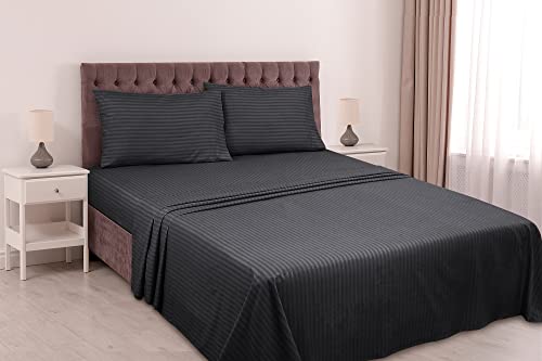 Royale Linens Striped Bed Sheet Set - Brushed Microfiber 1800 Bedding - 1 Fitted Sheet, 1 Flat Sheet, 2 Pillow Case - Wrinkle & Fade Resistant - 4 Piece Damask Stripe King Bed Sheet Set (King,Black) #TOP1