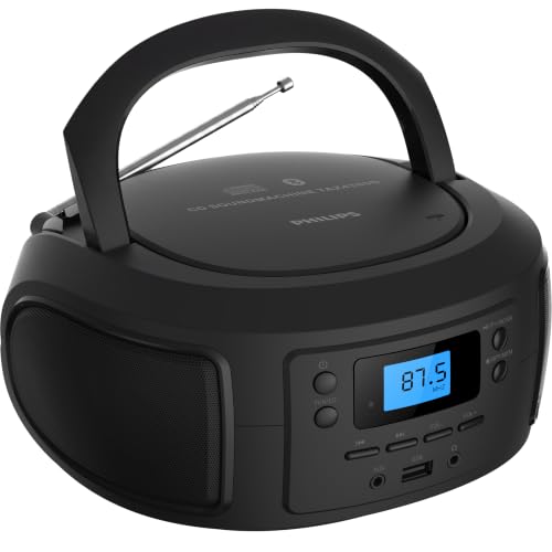Philips CD Player Portable with Bluetooth, Crystal Clear Sound Top Loading CD Boombox with FM Radio, USB Port & Aux Input, Compact & Lightweight Design,R/CD-RW/MP3 Compatible (Black)