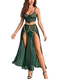Avidlove Women Lingerie Babydoll Chemise 3 Piece Set Mesh Side Split Nightgown Dark Green