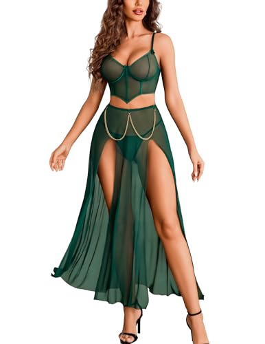 Avidlove Women Lingerie Babydoll Chemise 3 Piece Set Mesh Side Split Nightgown Dark Green