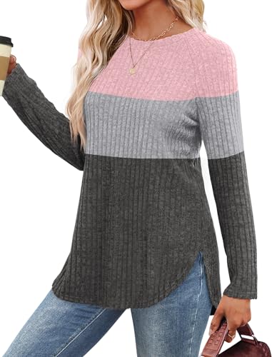 Image of Saloogoe Long Sleeve Shirts for Women 2025 Fall Clothes Tunic Tops Loose Fit Dressy Crewneck Pullover Sweaters Curved Hem