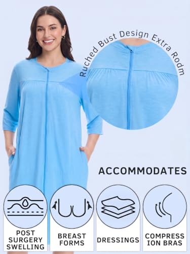 Image of Women's Post Surgery Robe with Drain Pockets Mastectomy Recovery Robe Front Zipper Hospital Gown Pajamas Gift