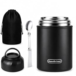 CocoMeiwei Thermo for Hot Food & Drinks, Thermo Lunch Box, 17oz Vacuum Insulated Food Container with Spoon&Drawstring Bag, Soup Thermo for Adults, Black
