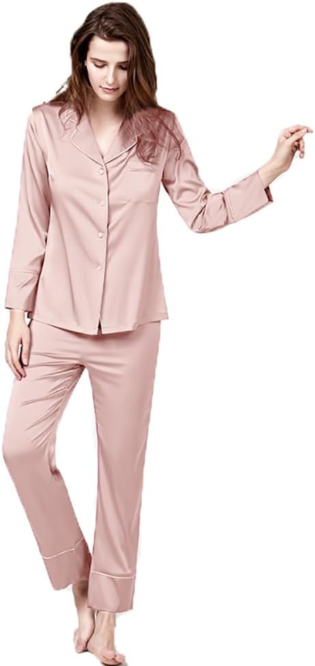 Luxurious Women's Long Sleeve Silk Satin Pajama Set Classic Button Down V-Neck Top with Pants