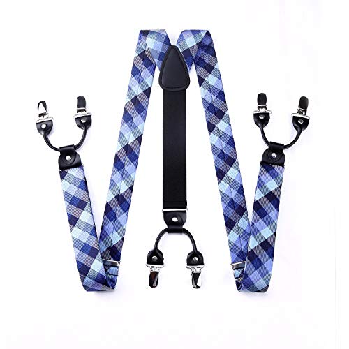 Hisdern Check Stripe 6 Clips Suspenders & Bow Tie And Pocket Square Set Y Shape Adjustable Braces,Blue & Gray,One Size #TOP4