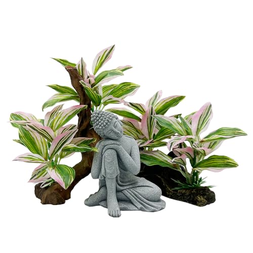Image of Fish Tank Decorations Aquarium Decor Ornaments Betta Pink Leaf pad Hammock Artificial Driftwood Goldfish Bowl Accessories (Light Pink 3pcs /Buddha-Set)
