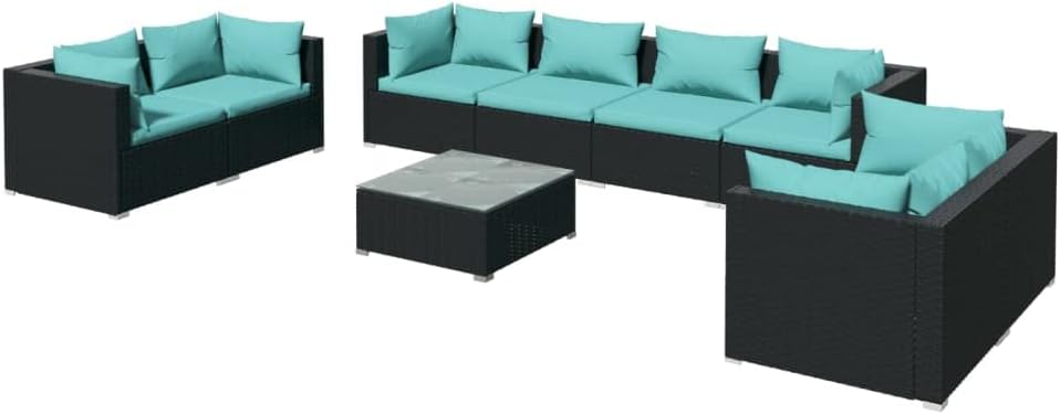 vidaXL Patio Lounge Set with Cushions - 6-Piece Outdoor Furniture Set Made from Black Poly Rattan with Water- Cushions and Tempered Glass Coffee Table