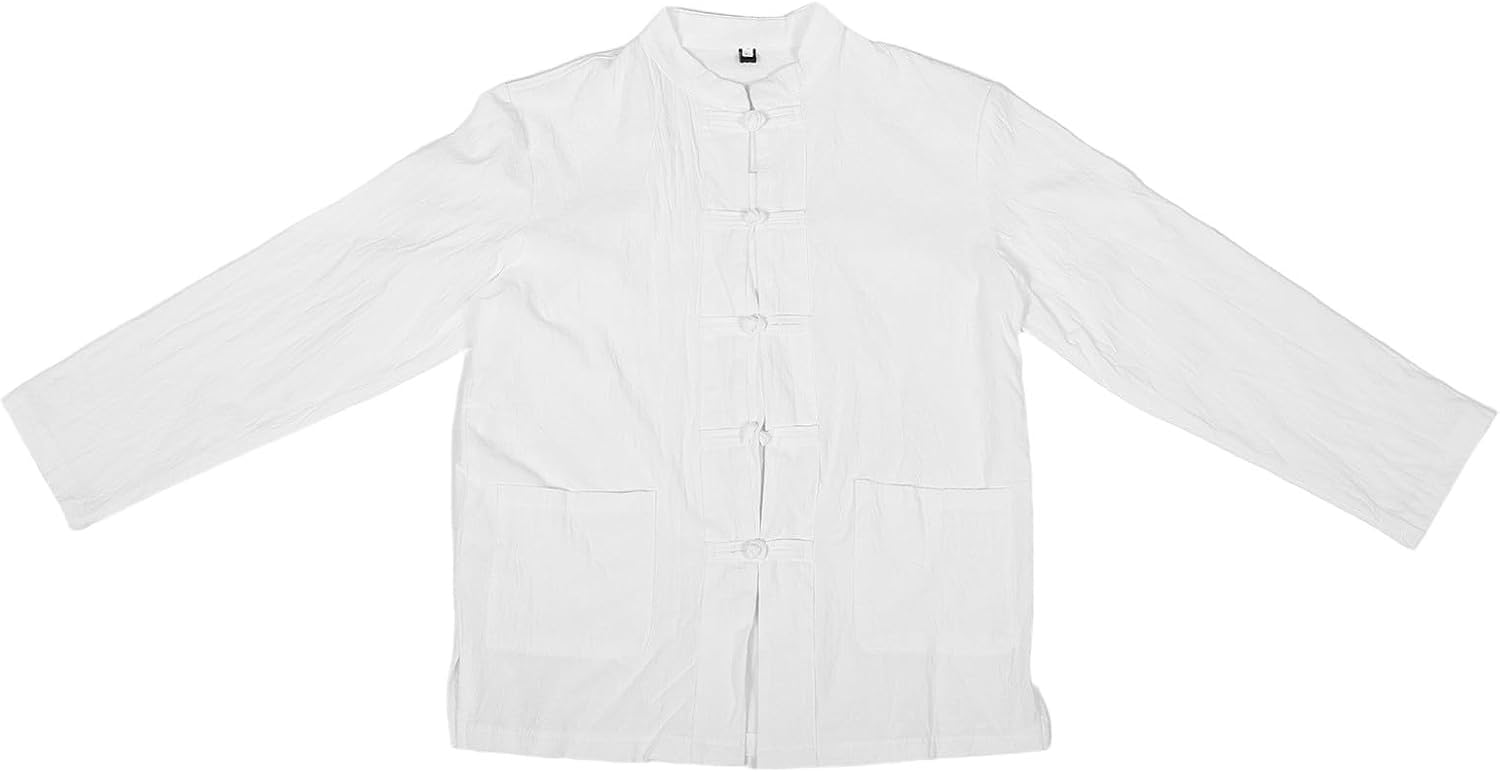 VILLCASE Men's Linen Kung Fu Shirt Chinese Style Long Sleeve Breathable Comfortable Vintage Traditional Hanfu Shirt for Casual Wear in Spring White