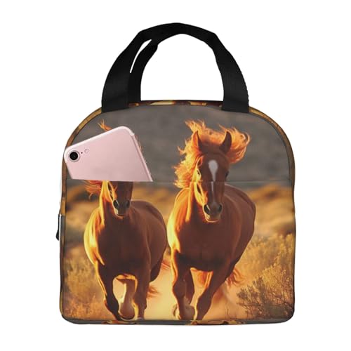 Wangxyozdp Bolsa de almuerzo aislada con estampado de caballos corriendo galopando para mujeres y hombres, bolsa de almuerzo con bolsillo frontal