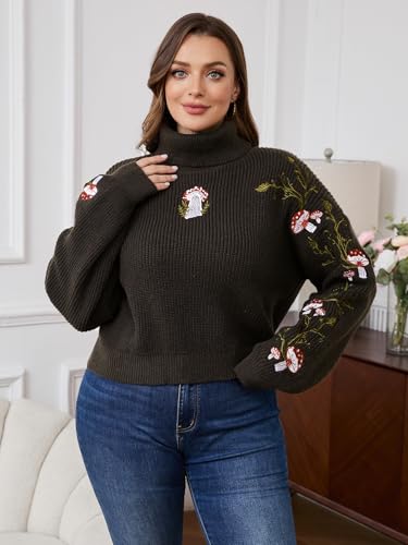 SHENHE Women's Plus Size Fairy Sweater Turtleneck Lantern Sleeve Embroidered Mushroom Knitted Cropped Sweater2