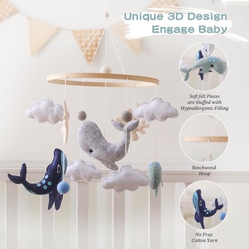 Ikubigu Montessori Baby Mobile For Crib Ocean Animals Crib Mobile Woodland Nursery Decor Soothe Toys For Ceiling Hanging Felt Ball Sea Blue Whale thumb #5