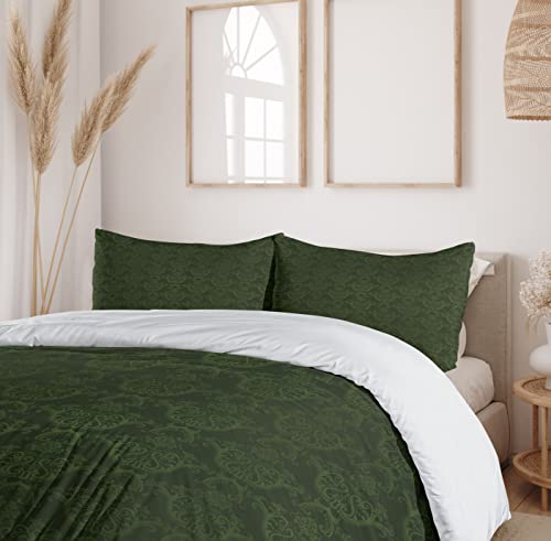 Lunarable Hunter Green Duvet Cover Set, Victorian Damask Rococo Renaissance Swirled Classic Floral Petals Pattern, Decorative 3 Piece Bedding Set With 2 Pillow Shams, Queen Size, Green #TOP5