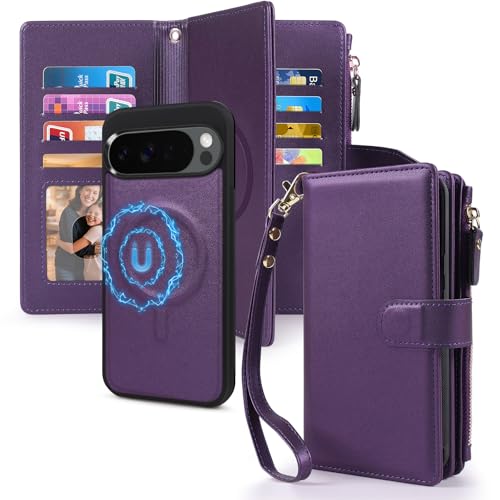 2 in 1 for Google Pixel 9/9 Pro / 10/10 Pro 6.3" Wallet Case Magnetic Compatible with Magsafe RFID Blocking Card Holder Detachable Phone Cover Zipper Purse Kickstand Strap Women Purple