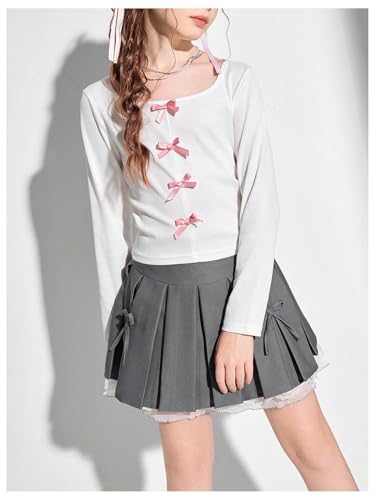 SHENHE Girl's Cute Bow Front Long Sleeve Tee Shirt Square Neck Going Out Fall Knit Top3