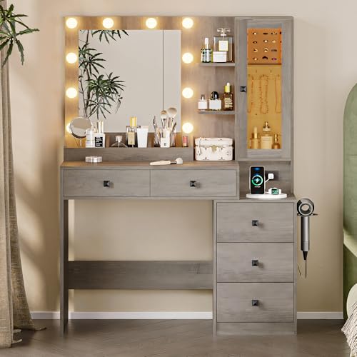 Image of HUANLEGO Vanity Desk with Mirror and Lights, Grey Makeup Vanity Set with 5 Drawers, Jewelry Organizer& LED Glass Cabinet, 3 Light Mode Dressing Table for Girls, Vanities Mirror with Lights Desk