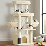 Hey-brother Cat Tree Tower, Scratching Posts with Extra Large Platform, Specious Condo, 2 Cozy Hammocks, Self-Grooming Brush for Indoor Adult Cats, Maine Coon 51.1 inches, Beige MPJ070M