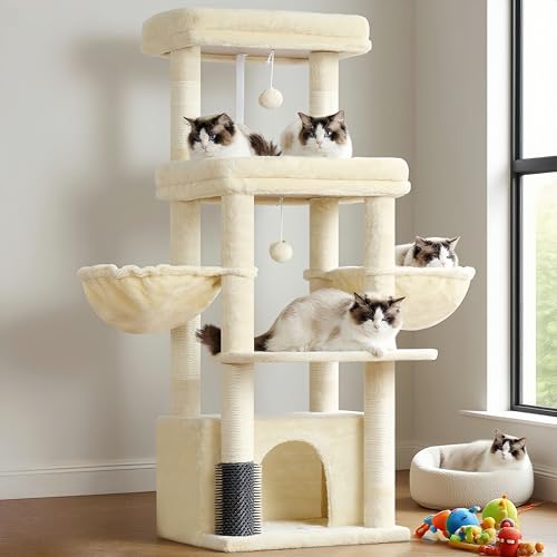 Hey-brother Cat Tree Tower, Scratching Posts with Extra Large Platform, Specious Condo, 2 Cozy Hammocks, Self-Grooming Brush for Indoor Adult Cats, Maine Coon 51.1 inches, Beige MPJ070M