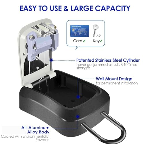 Schlüsselschlossbox, wasserdicht, Metall, 4-stellig, Zahlenschloss mit abnehmbarem Bügel, Wandhalterung, zurücksetzbarer Schlüsselversteck, verbesserte große Passwortboxen für Auto, Haus, Büro