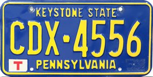 Pennsylvania Keystone State License Plate yellow numbers on blue