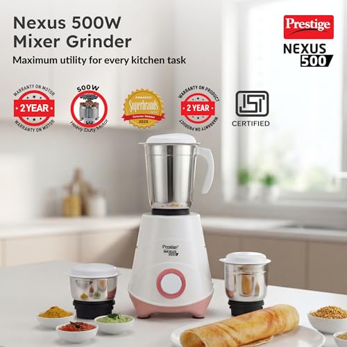 Prestige 500W Nexus Mixer Grinder with 3 Stainless Steel jars|1200ml Wet Jar,800ml dry jar, 400ml chutney jar|3 Super-efficient Blades|3 motor setting|Sturdy Handles |2 Yrs Warranty|White & Rose Gold view 2