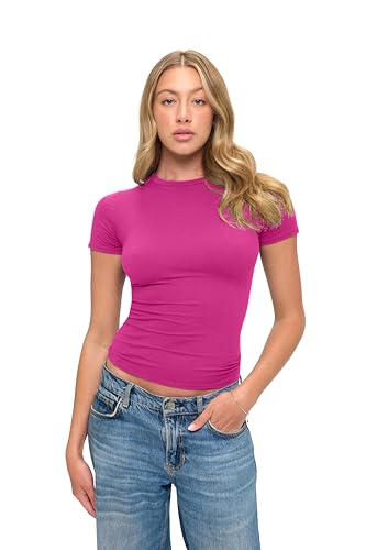 Natural Uniforms Womens Super Soft, Super Stretch Y2K Short Sleeve Baby Tee Crop Top (Hot Pink, Large)
