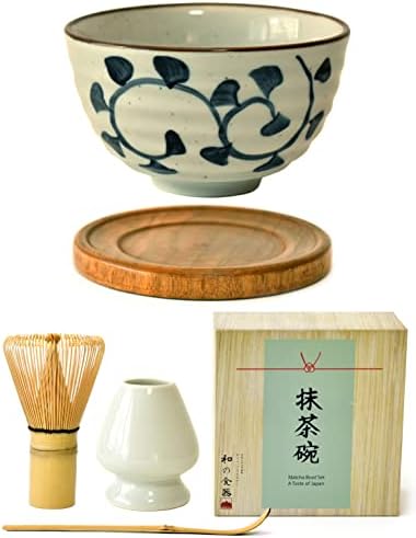 Premium Japanese Ceremonial Matcha Green Tea Chawan Bowl Full Kit Matcha Whisk Set with Accessories and Tools Bamboo Chasen Matcha Whisk Scoop and Holder (Vines)