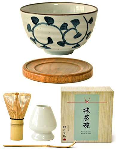 Premium Japanese Ceremonial Matcha Green Tea Chawan Bowl Full Kit Matcha Whisk Set With Accessories And Tools Bamboo Chasen Matcha Whisk Scoop And Holder (Vines) #TOP8