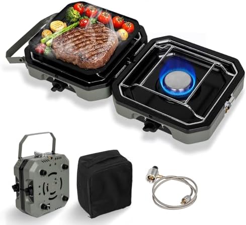 2 Burner Propane Camping Stove with Grill, 17000 BTU Portable Foldable Camp Stove with Steel Braided Hose and Carrying Bag, Adjustable Burners, Suitable for Backyard BBQs Camping and Outdoor Cooking