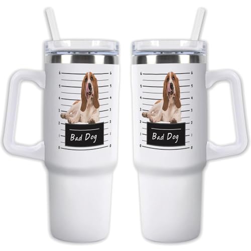 GABSHAIM Custom White Tumbler Double-Layer Insulation Dog Travel Mug with Handle & Straw Lid Double Sided Printed Travel Coffee Cup Basset Hound Pattern Design 40 oz