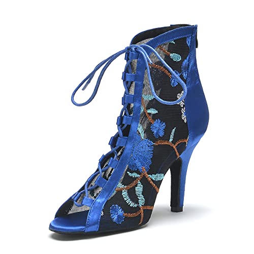 LITNERMIA Damkängor med dragkedja, fest, balsal, snörning, blommönster, latinsk, dans, peep toe skor, Asm8307 klackskor 10 cm blå, 34 EU