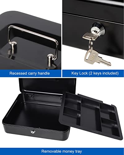 Large Cash Box With Money Tray And Lock, Lovndi Metal Money Box For Cash, Lockbox 11.8 X 9.5 X 3.54 Inches, Black #TOP1