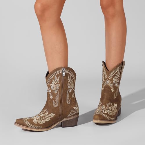 Image of Rhinestone Ankle Cowboy Boots for Women Embroidered Short Cowgirl Boots with Low Heel Side Zipper Comfortable Chunky Heel Western Booties for Prom Party Wedding Pull On Shoes