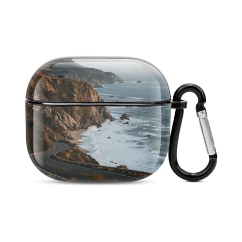 Custodia per cuffie Bluetooth Route 1 Coastal Cliffs stampata antiurto in policarbonato copertura completa compatibile con ricarica wireless e AirPods 3a generazione con fibbia di sicurezza
