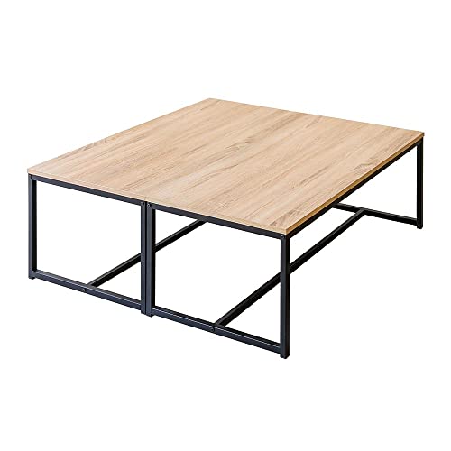 LOLAhome Set de 2 mesas de Centro de Metal Negro y Madera MDF Color Natural