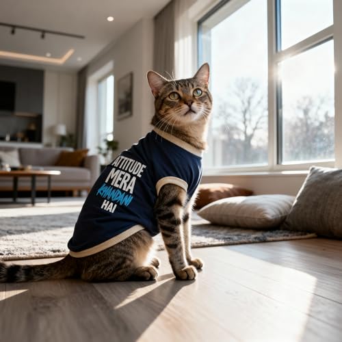 Image of JoyDaog Cozy Dog Winter Coat Navy Blue Color 10 Inch (XXS)- inchAttitude Mera Khandani Hai inch Printed Soft Cotton Trendy Apparel for Cat, Kittens, Puppy & Toy Breeds I Indoor & Outdoor