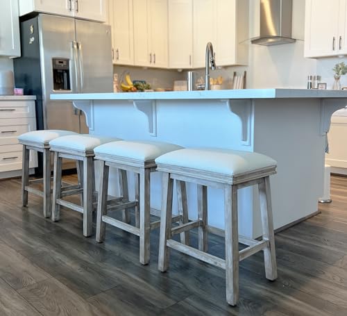 MAISON ARTS Off White Counter Height 24 inch Bar Stools Set of 4 for Kitchen Counter Solid Wood Legs with Faux Leather Padded Seat Farmhouse Barstools for 34
