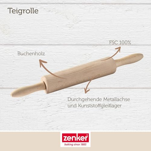 Foto von Zenker Teigrolle – Nudelholz mit Metallachse aus Buchenholz, Hochwertige Backrolle für Teig & Fondant, Ca 23 x 6 cm, Reinigung per Hand, Beige