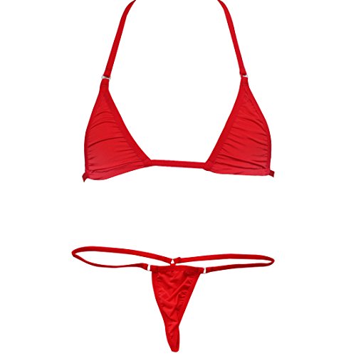 iEFiEL Women Micro G-String Bikini 2 Piece Sliding Top Thong Small Bra (Red)