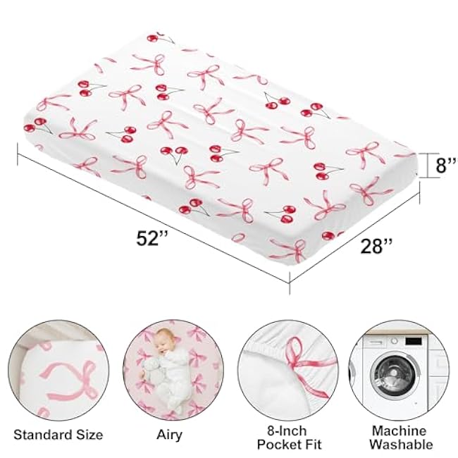 4 Pack Pink Bow Crib Sheet Set for Baby Girl, Soft Breathable Fitted Crib Sheet 28 x 52 in, Nursery Decor for Standard Crib and Toddler Bed Mattresses