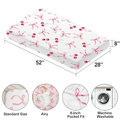 Image of 4 Pack Pink Bow Crib Sheet Set for Baby Girl, Soft Breathable Fitted Crib Sheet 28 x 52 in, Nursery Decor for Standard Crib and Toddler Bed Mattresses