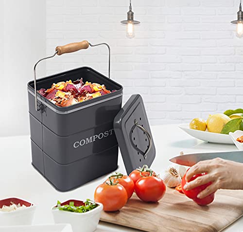 ayacatz Metall komposteimer mit Deckel Küche biomülleimer Arbeitsplatte und Unterschrank Mini komposter, 6L biomülleimer küche klein, Behälter Compost Bin mit Kohlefilter-(Grau)