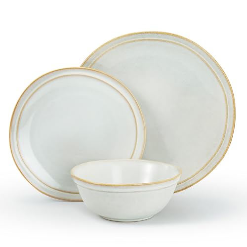 Famiware Aegean Dinnerware Set for 6, 18-Piece Plates and Bowls Sets, Stoneware Scratch Resistant Dinner Set, Handmade Irregular Round Dishes, Microwave and Dishwasher Safe, Cappuccino White