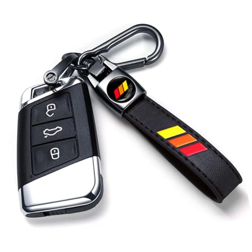 Image of Black Car Keychain for Toyota Tacoma 4Runner Tundra TRD Camry Rav4, Black Leather & Metal Key Ring with Tri-Color Stripe Logo, Car Key Holder Accessories