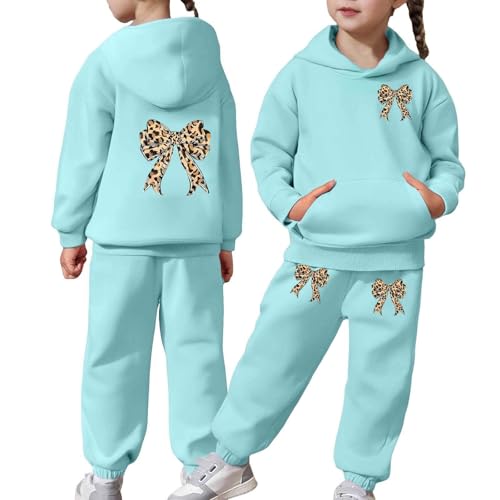 2 Piece Sweatsuit For Girls Leopard Bow Tie Printed Sports Oversized Sweatsuit Sports Fashion Trendy Valentine'S Day Outfit Mint Green,2 Years