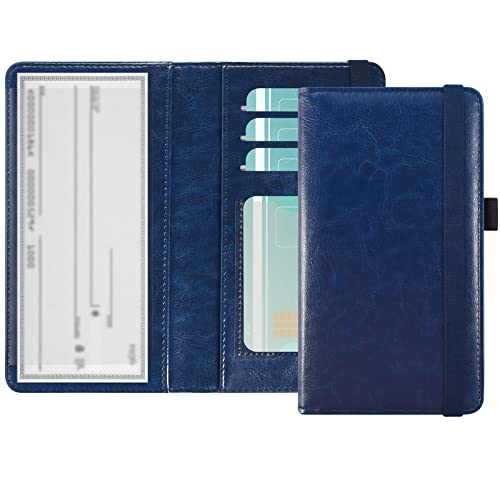 Acdream Checkbook Cover, Leather Rfid Blocking Check Book Wallet, Protective Premium Business And Personal Duplicate Checks Holder, With Credit Card Slot For Women Men, Navy Blue #TOP27
