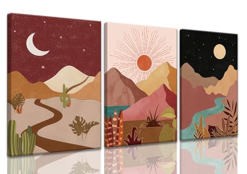 okudolit Mountain Framed Canvas Wall Art Set of 3 Mid Century Nature Landscapes Painting Colorful Sun Moon Desert Boho Modern Minimalist Wall Decor for Living Room Bedroom Office-12x16in