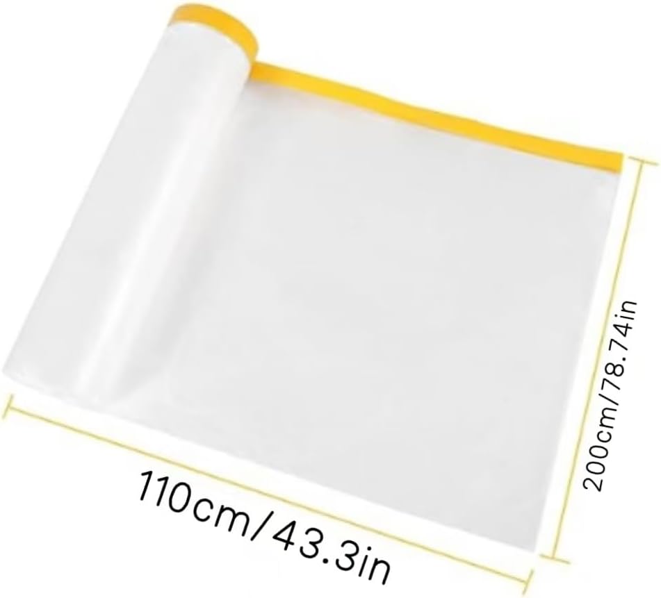 3 Pcs Pre-Taped Masking Film，Self-Adhesive Dust Sheets Versatile Painter's Plastic Drop Cloth for Auto Wall Furniture Painting and Spraying Protection(110x200cm)