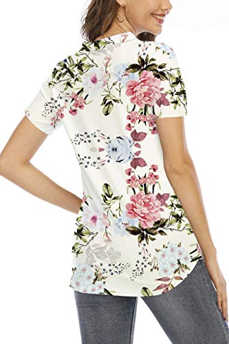 Beauhuty Women's Blouse Short Sleeve Floral Print V Neck Comfy Casual Cute Shirts Soft Tunic Tops (Short-Flower White,L) #TOP2